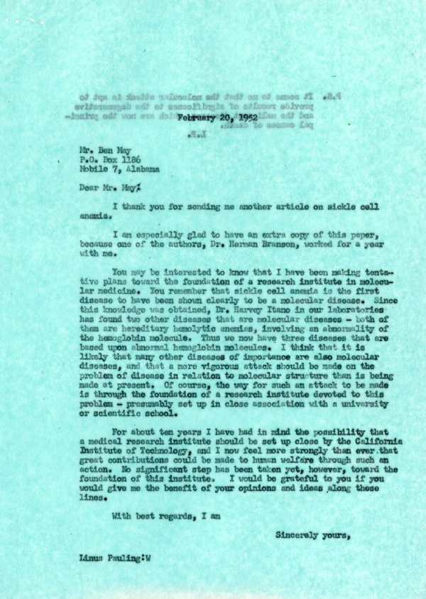 Letter from Linus Pauling to Ben May. Page 1. February 20, 1952