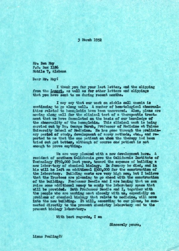 Letter from Linus Pauling to Ben May. Page 1. March 3, 1952