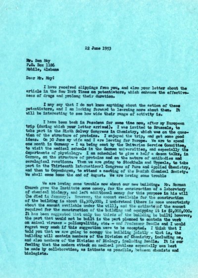 Letter from Linus Pauling to Ben May. Page 1. June 22, 1953
