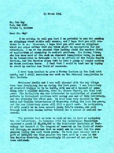Letter from Linus Pauling to Ben May. Page 1. March 13, 1954