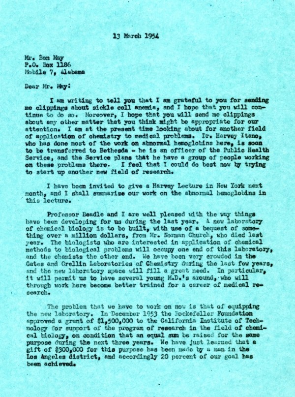 Letter from Linus Pauling to Ben May. Page 1. March 13, 1954