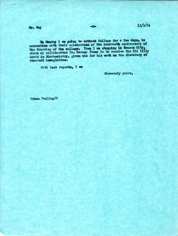 Letter from Linus Pauling to Ben May. Page 2. March 13, 1954