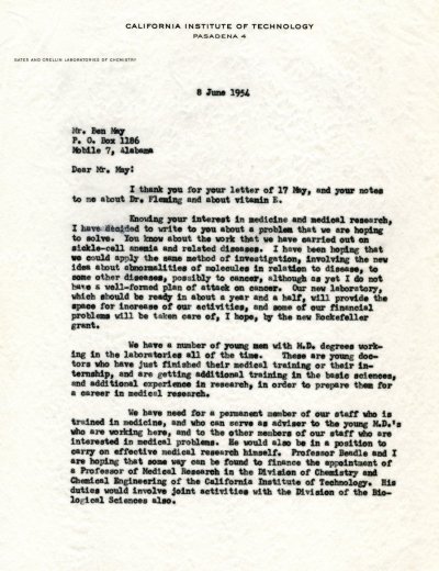 Letter from Linus Pauling to Ben May. Page 1. June 8, 1954