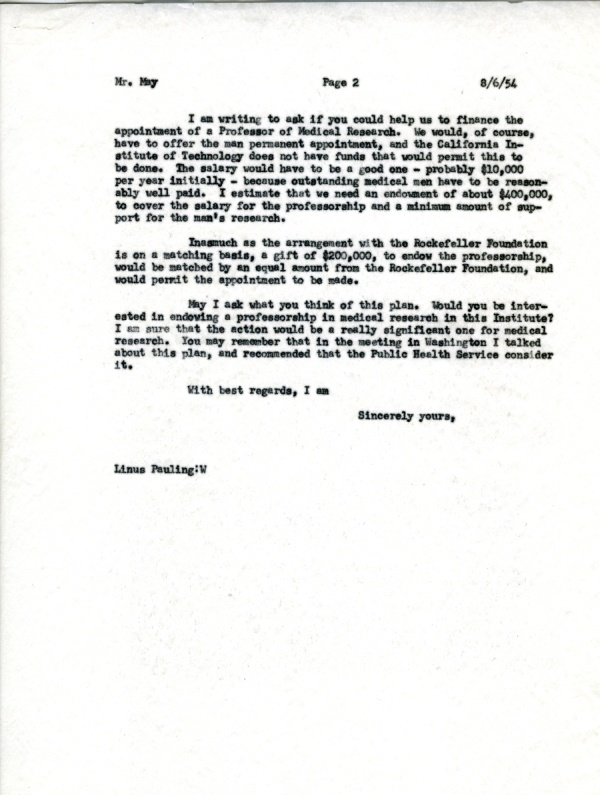 Letter from Linus Pauling to Ben May. Page 2. June 8, 1954