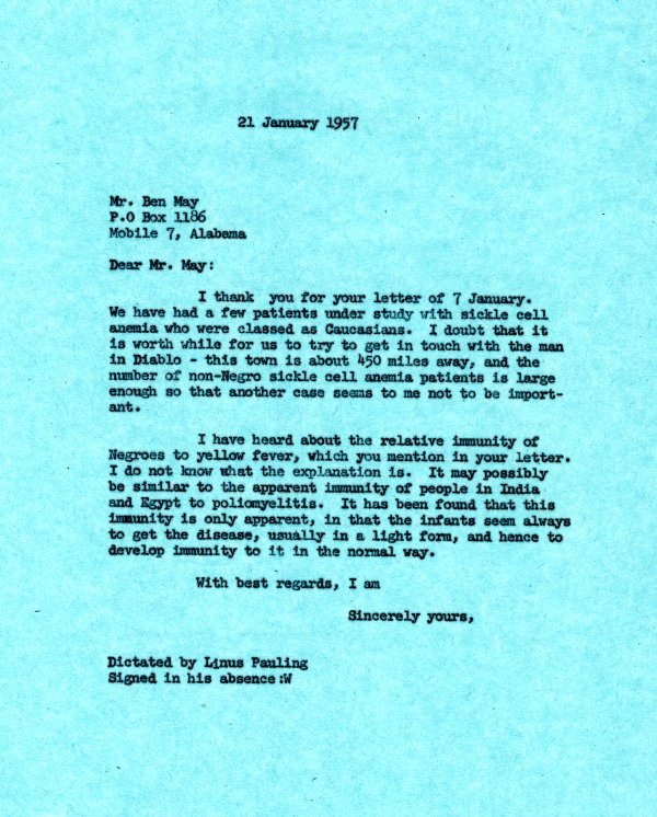 Letter from Linus Pauling to Ben May. Page 1. January 21, 1957