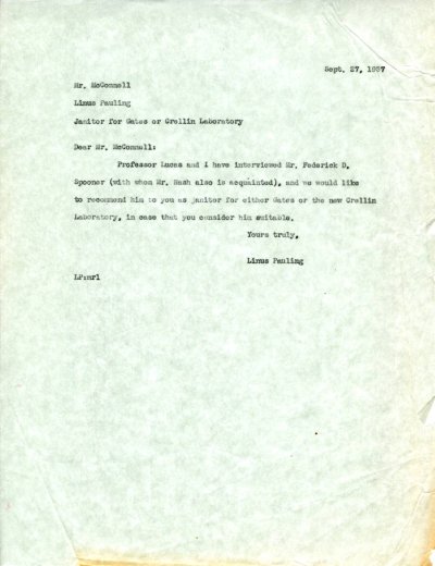 Letter from Linus Pauling to Harden McConnell. Page 1. September 27, 1937