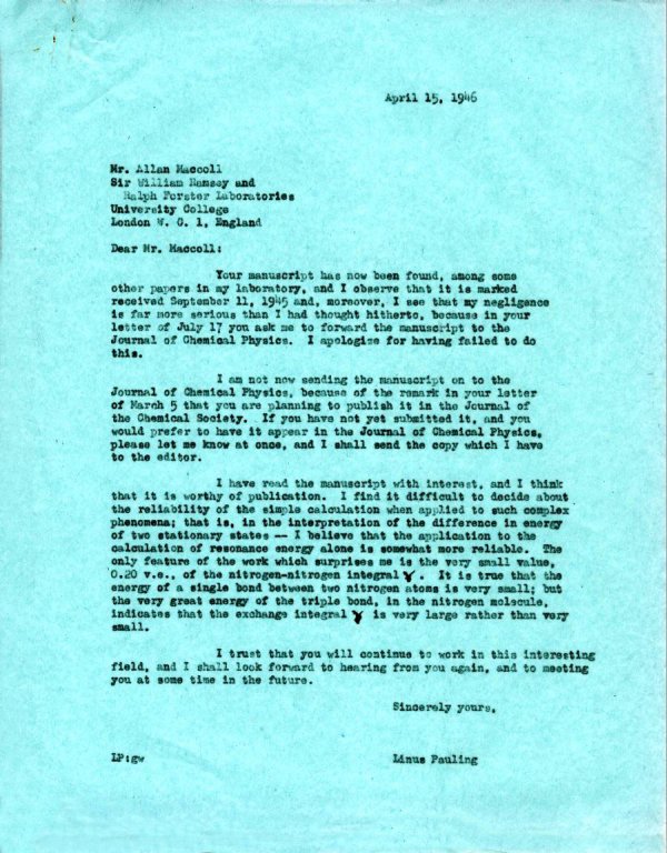 Letter from Linus Pauling to Allan MacColl. Page 1. April 15, 1946