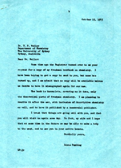 Letter from Linus Pauling to David P. Mellor. Page 1. October 15, 1943