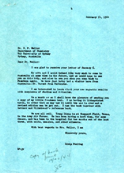 Letter from Linus Pauling to David P. Mellor. Page 1. February 14, 1944