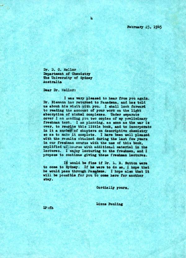 Letter from Linus Pauling to David P. Mellor. Page 1. February 23, 1945