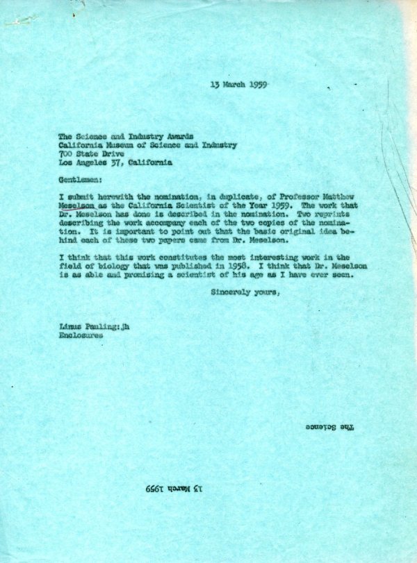 Letter from Linus Pauling to the California Museum of Science and Industry. Page 1. March 13, 1959