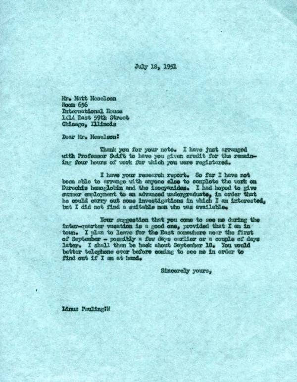 Letter from Linus Pauling to Matthew Meselson. Page 1. July 18, 1951