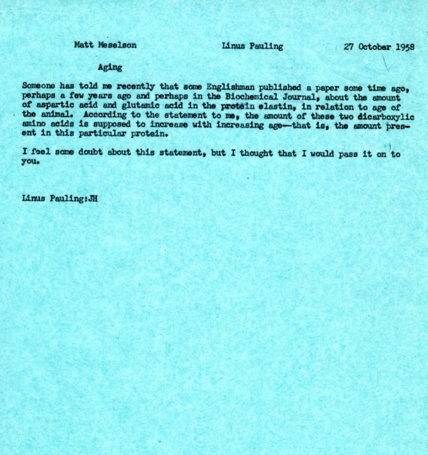 Letter from Linus Pauling to Matthew Meselson. Page 1. October 27, 1958