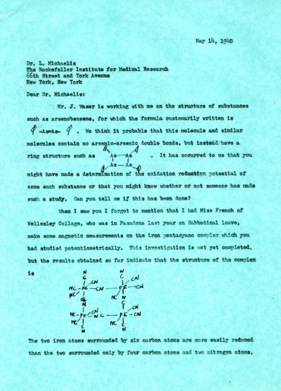 Letter from Linus Pauling to Leonor Michaelis. Page 1. May 14, 1940