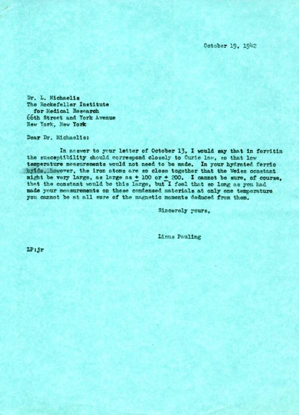 Letter from Linus Pauling to Leonor Michaelis. Page 1. October 19, 1942