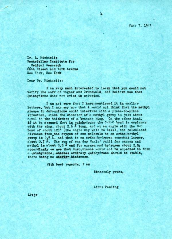 Letter from Linus Pauling to Leonor Michaelis. Page 1. June 3, 1943