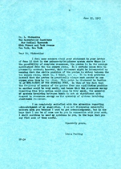 Letter from Linus Pauling to Leonor Michaelis. Page 1. June 22, 1943