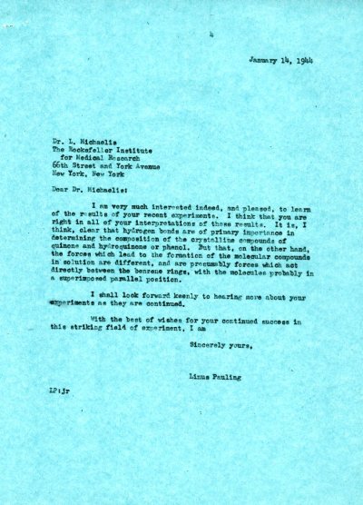 Letter from Linus Pauling to Leonor Michaelis. Page 1. January 14, 1944