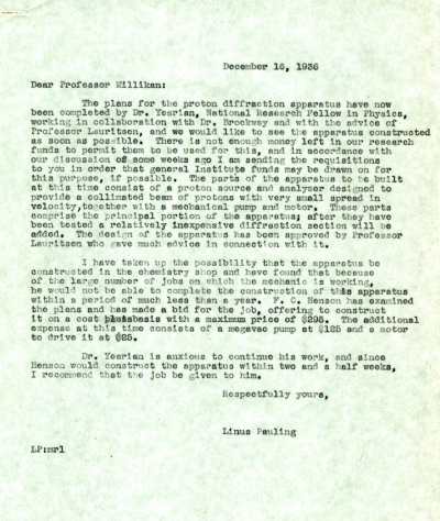 Letter from Linus Pauling to Robert Millikan. Page 1. December 16, 1936