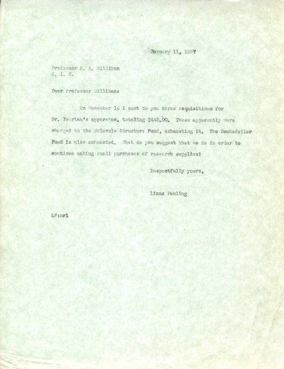 Letter from Linus Pauling to Robert Millikan. Page 1. January 11, 1937
