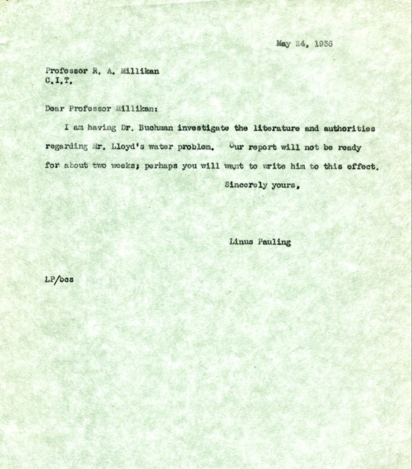 Letter from Linus Pauling to Robert Millikan. Page 1. May 24, 1938