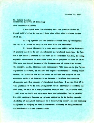 Letter from Linus Pauling to Robert Millikan. Page 1. November 29, 1938