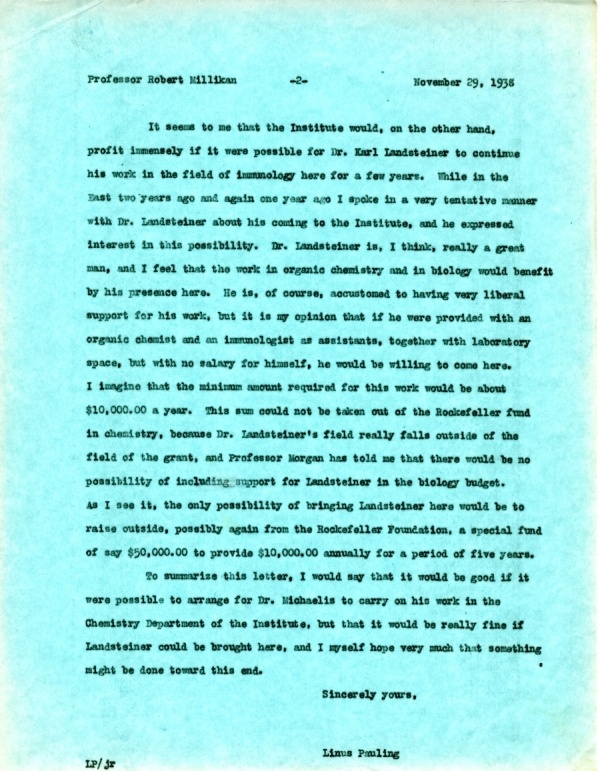 Letter from Linus Pauling to Robert Millikan. Page 2. November 29, 1938