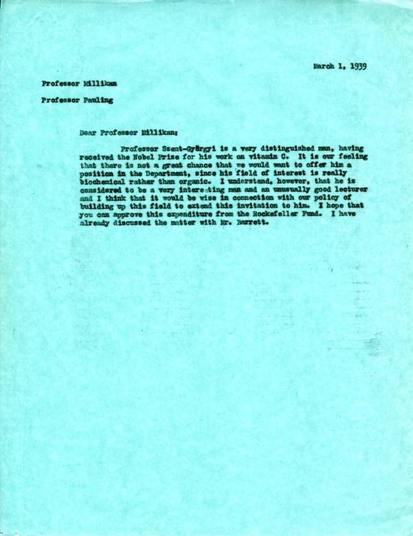 Letter from Linus Pauling to Robert Millikan. Page 1. March 1, 1939