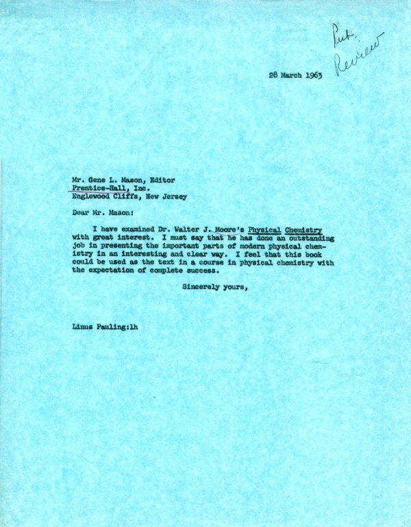 Letter from Linus Pauling to Gene Mason. Page 1. March 28, 1963