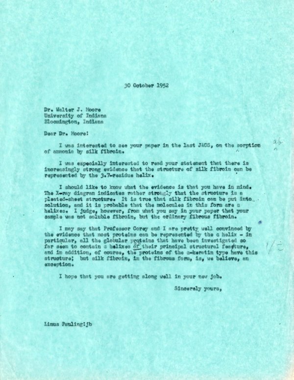Letter from Linus Pauling to Walter J. Moore. Page 1. October 30, 1952