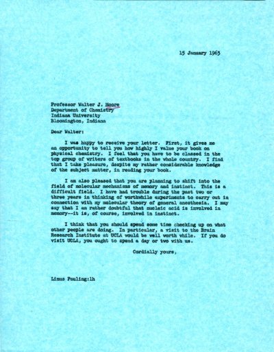 Letter from Linus Pauling to Walter J. Moore. Page 1. January 15, 1963