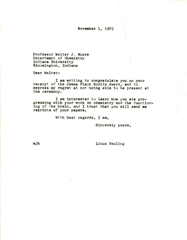 Letter from Linus Pauling to Walter J. Moore Page 1. November 1, 1963