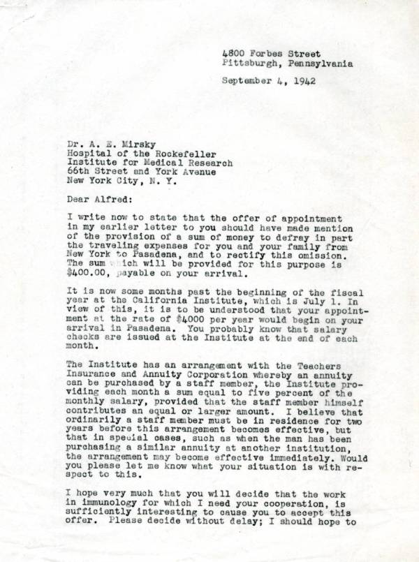 Letter from Linus Pauling to Alfred E. Mirsky. Page 1. September 4, 1942