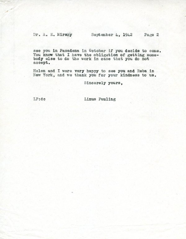 Letter from Linus Pauling to Alfred E. Mirsky. Page 2. September 4, 1942