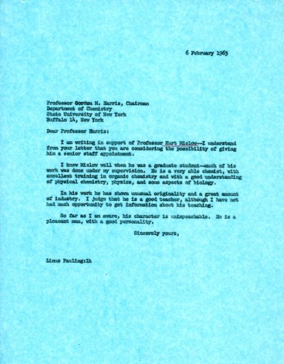 Letter from Linus Pauling to Gordon M. Harris. Page 1. February 6, 1963