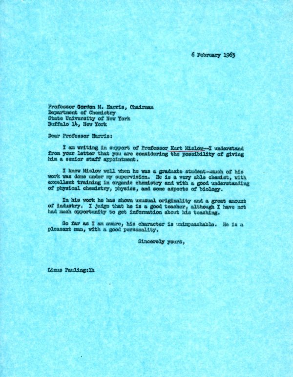 Letter from Linus Pauling to Gordon M. Harris. Page 1. February 6, 1963