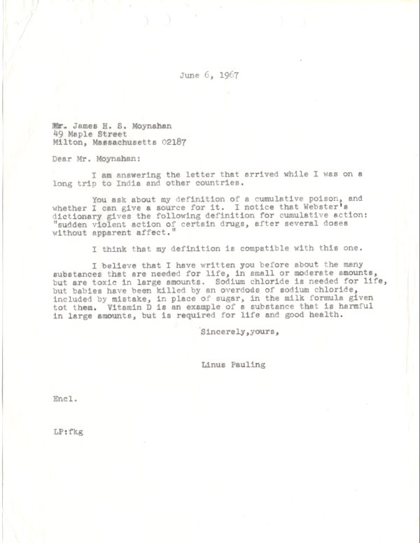 Letter from Linus Pauling to James H. S. Moynahan. Page 1. June 6, 1967