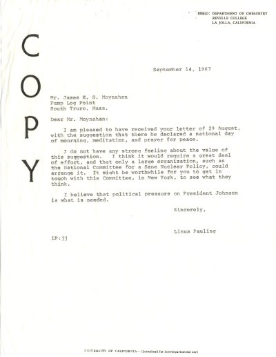 Letter from Linus Pauling to James H. S. Moynahan. Page 1. September 14, 1967