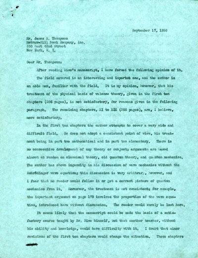 Letter from Linus Pauling to James S. Thompson. Page 1. September 17, 1938