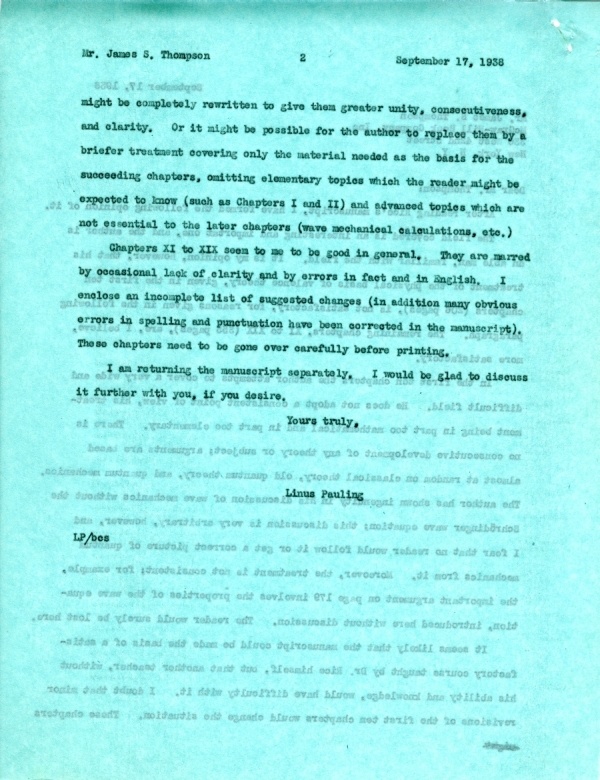 Letter from Linus Pauling to James S. Thompson. Page 2. September 17, 1938