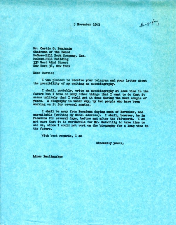 Letter from Linus Pauling to Curtis G. Benjamin. Page 1. November 5, 1963