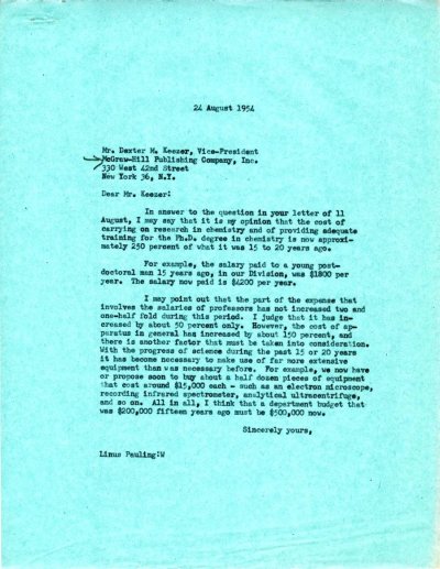 Letter from Linus Pauling to Dexter M. Keezer. Page 1. August 24, 1954