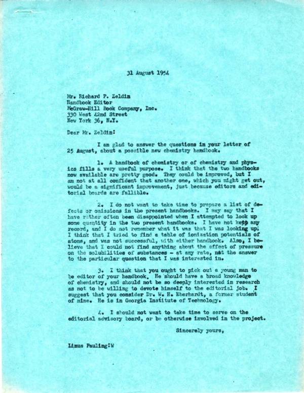 Letter from Linus Pauling to Richard P. Zeldin. Page 1. August 31, 1954