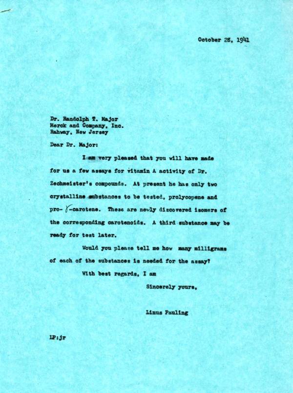 Letter from Linus Pauling to Randolph T. Major. Page 1. October 28, 1941