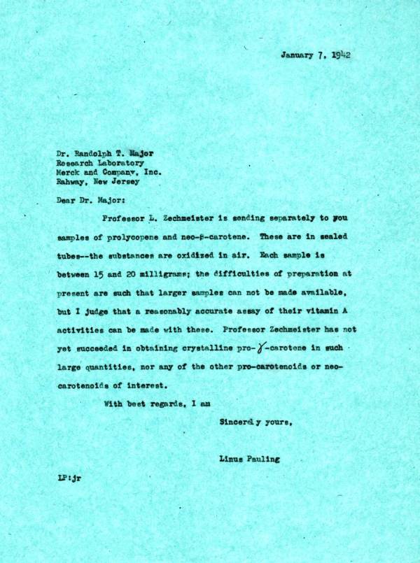 Letter from Linus Pauling to Randolph T. Major. Page 1. January 7, 1942