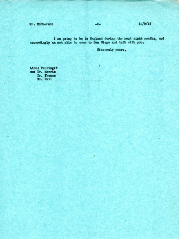 Letter from Linus Pauling to Robert J. McPherson. Page 2. December 9, 1947