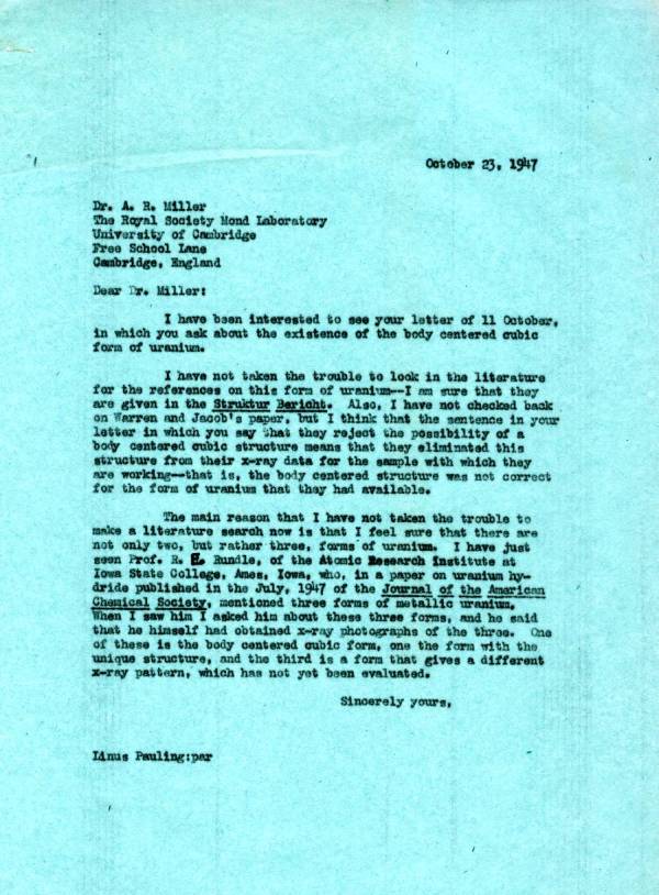 Letter from Linus Pauling to A.R. Miller. Page 1. October 23, 1947