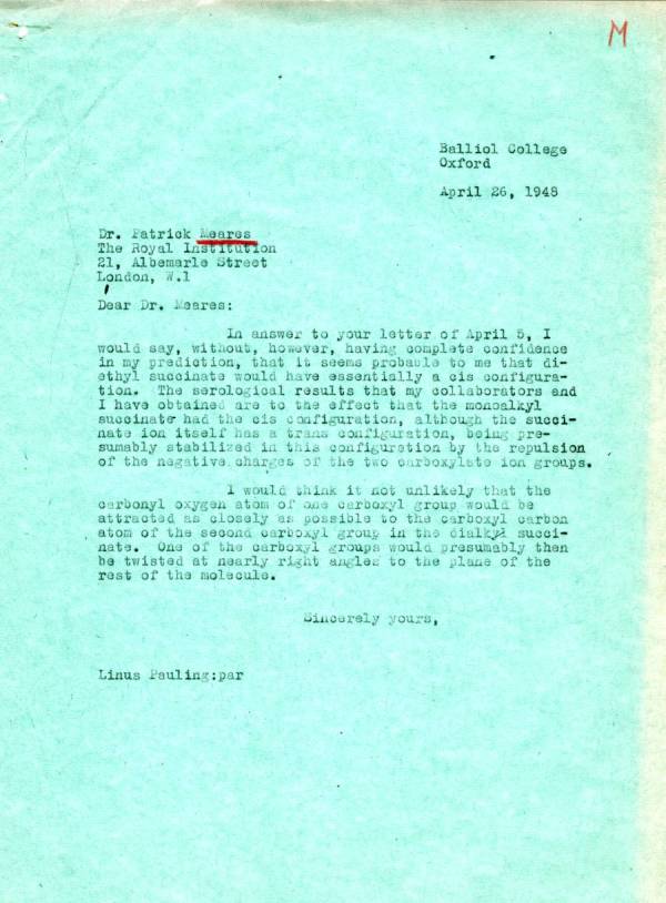 Letter from Linus Pauling to Patrick Meares. Page 1. April 26, 1948