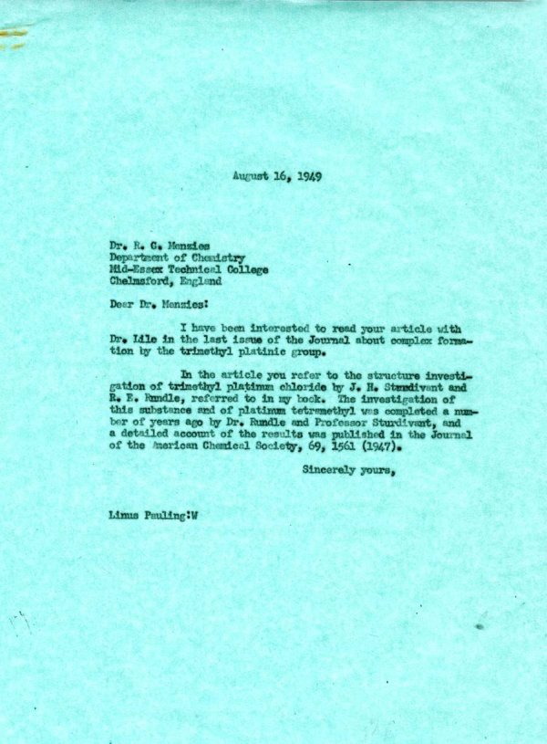 Letter from Linus Pauling to R.C. Menzies. Page 1. August 16, 1949
