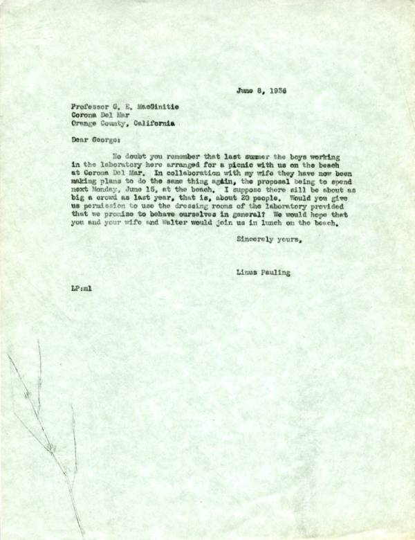 Letter from Linus Pauling to G.E. MacGinitie. Page 1. June 8, 1936